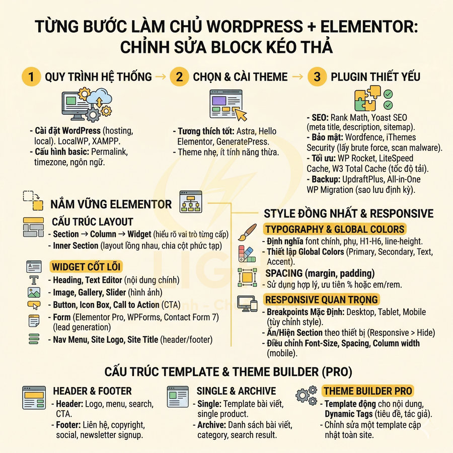 Hướng dẫn từng bước làm chủ WordPress với Elementor, quy trình cài đặt theme, plugin và cấu trúc layout responsive